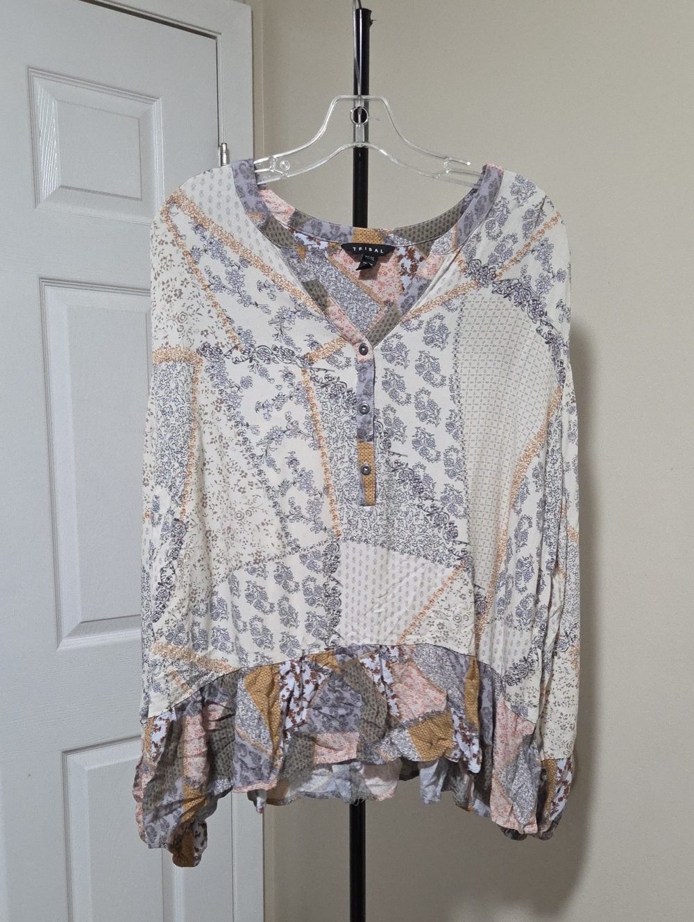 Tribal Women's Patchwork Print Henley Top - Cream with Gray & Pink Accents